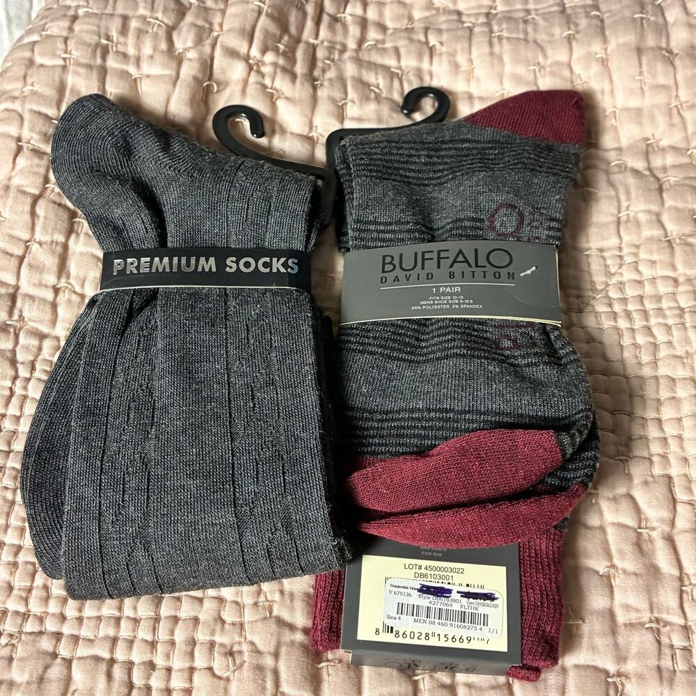 2 Pair Mens Dress Socks Buffalo David Bitton Van Heusen Gray Burgundy NWT
